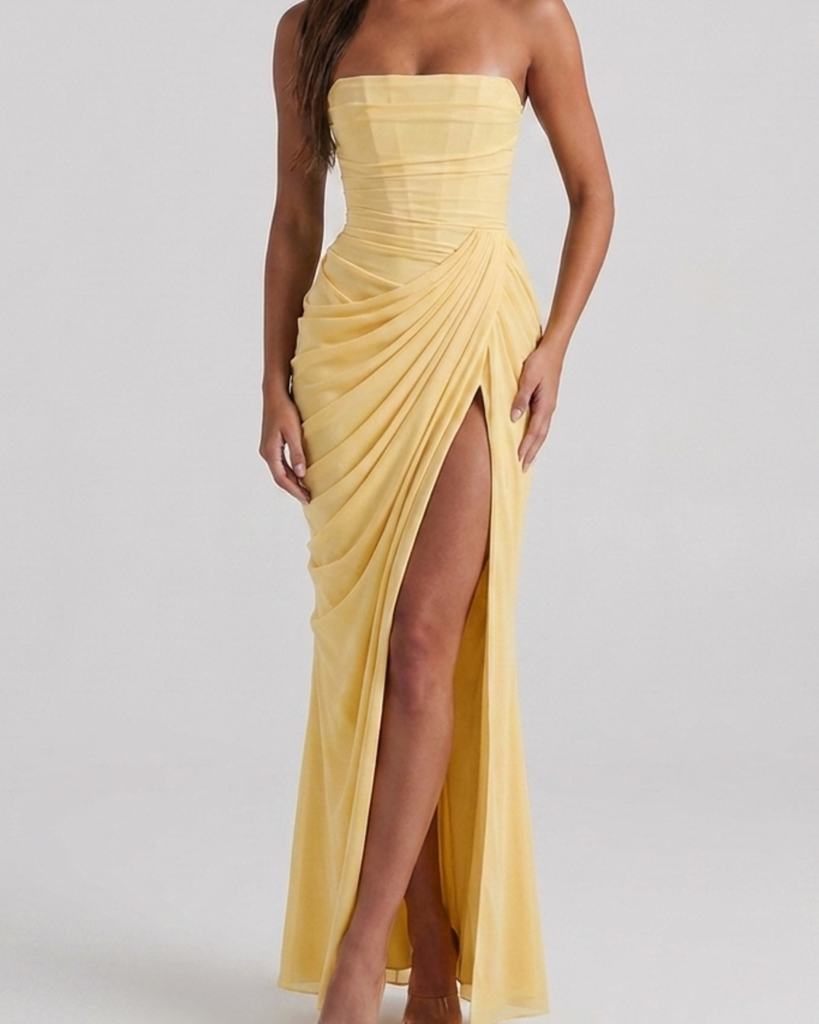 Maria - Vestido largo sin tirantes color amarillo limón con espalda de cordones
