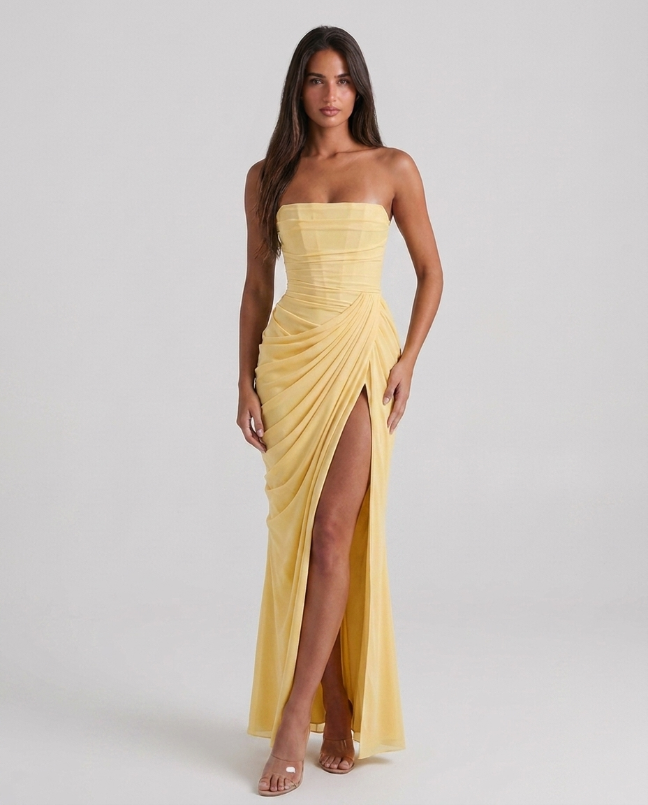 Maria - Vestido largo sin tirantes color amarillo limón con espalda de cordones