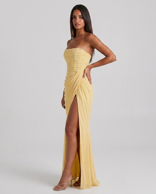Maria - Vestido largo sin tirantes color amarillo limón con espalda de cordones