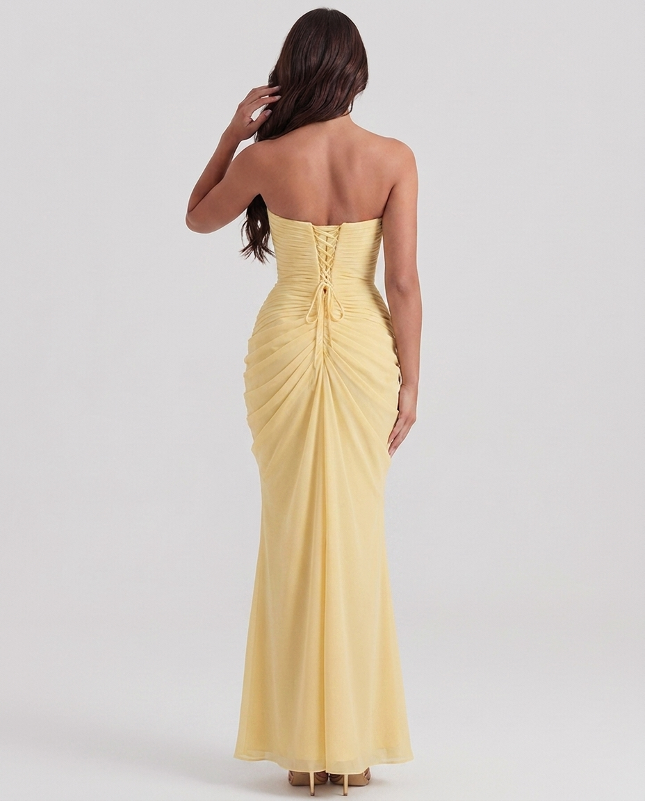 Maria - Vestido largo sin tirantes color amarillo limón con espalda de cordones
